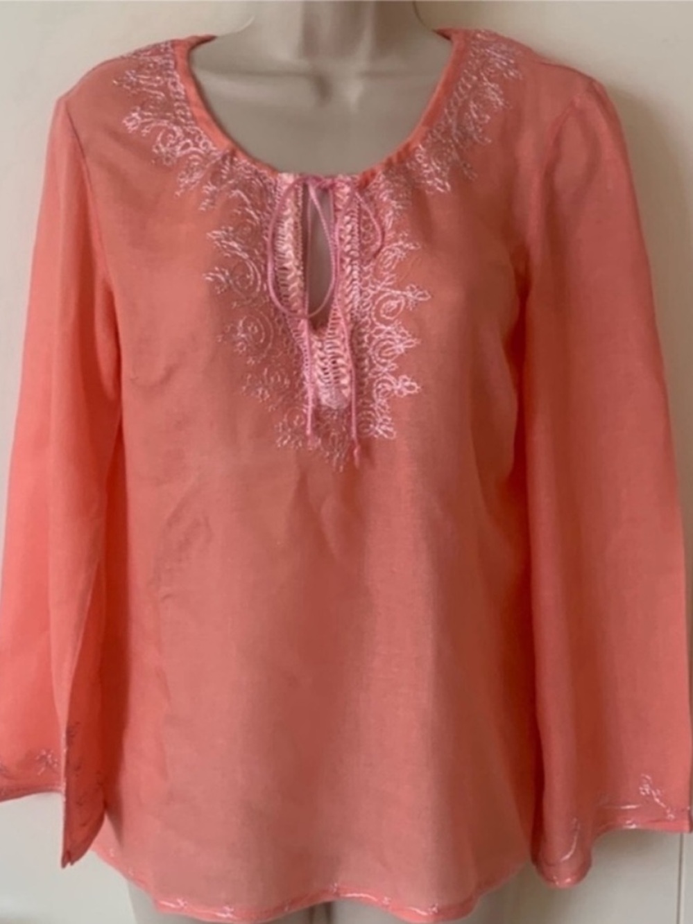 Calypso St Barth Coral Pink Woven Cotton Embroidered Bohemian Peasant Blouse 0